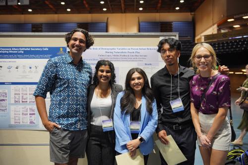 (From Left to Right) Erim, Nikhita, Fatima, Lino, and Christian in front of their poster at the Undergraduate Research Conference