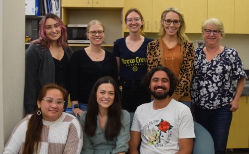 The staff members of the Infant Cognition Lab (Top Row from left to right: Gabi, Michaela, Shannon, Christian, and Lisa; Bottom Row from left to right: Van, Brianna, and Erim)