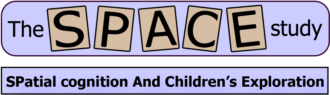 There are two boxes with text one above the other. On the top box the text reads "the SPACE study", with the letters for S, P, A, C, and E inside smaller boxes. In the text box below, the text reads "Spatial cognition and children's exploration". In both text boxes the text is in black on a light purple background.