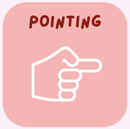 White cartoon hand pointing with one finger to the right of the screen on a pink background. The word "Pointing" is above the hand in red text