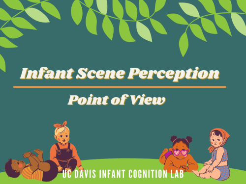 The text in the middle of the image reads "Infant Scene Perception Point of View". The text is in white on a dark green background. At the top of the image there are light green leaves. At the bottom of the image there are four cartoon infants seated in various positions.