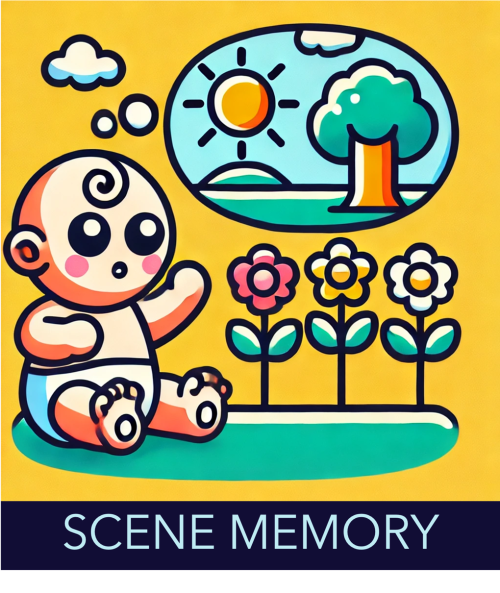Cartoon baby sitting next to flowers and thinking of a sunny day. Text below says: "Scene Memory"