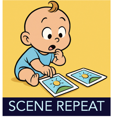 Cartoon infant looking at two identical pictures